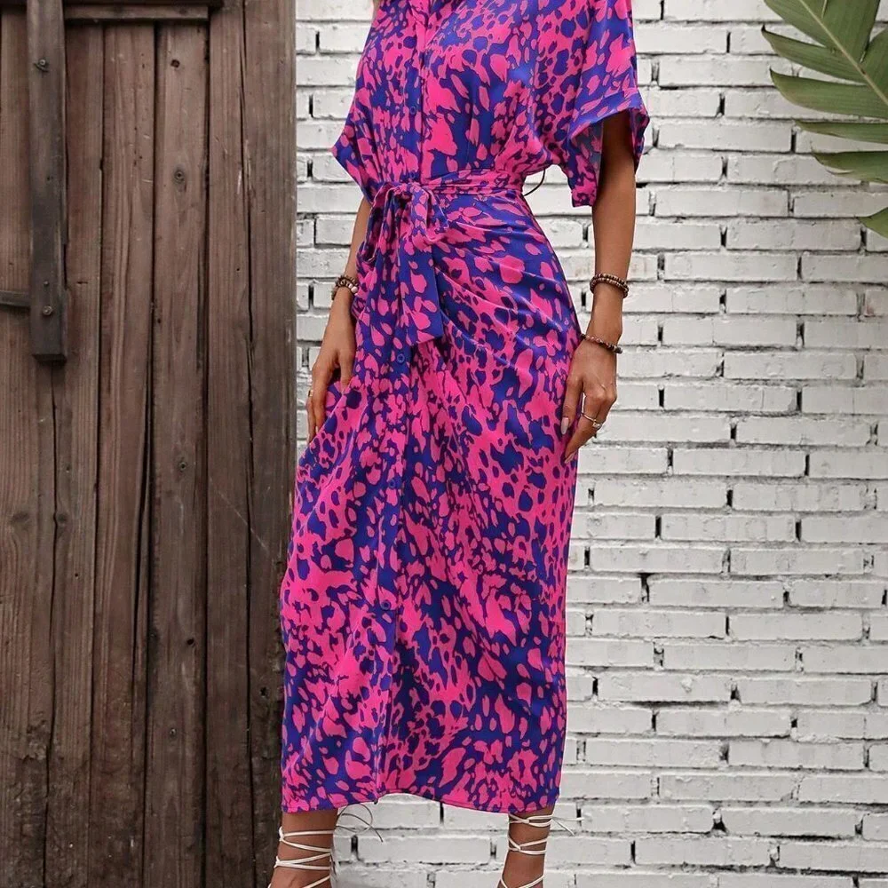 Multicolor Boho Womens Allover Print Batwing Sleeve Belted Shirt Dress - Picture 5 of 5